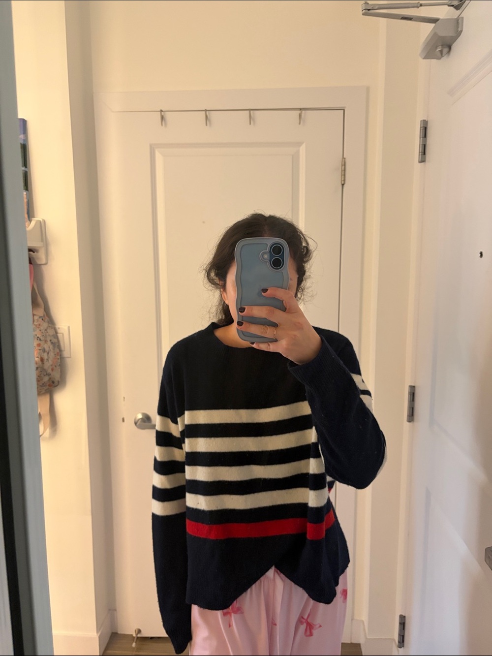 Zara Navy Crewneck Sweater with White Stripes and Red Band